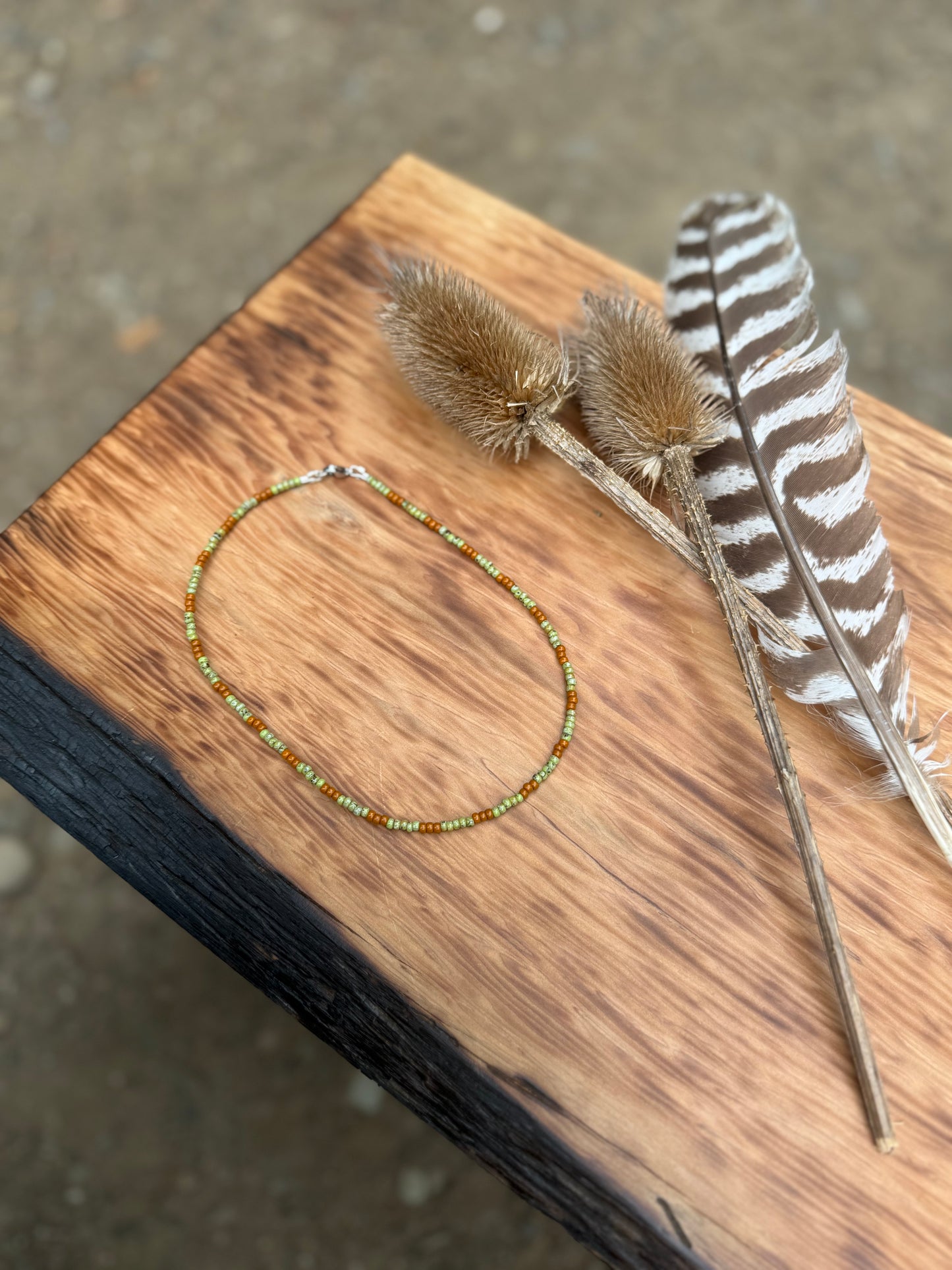 Green and pumpkin beaded choker