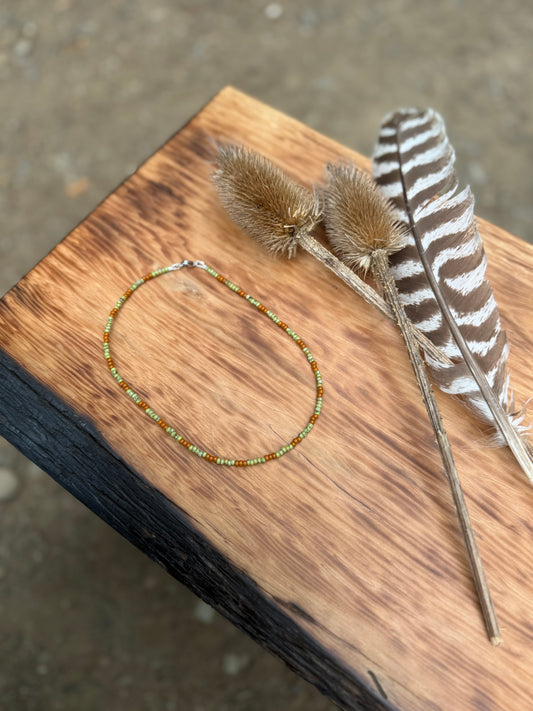 Green and pumpkin beaded choker