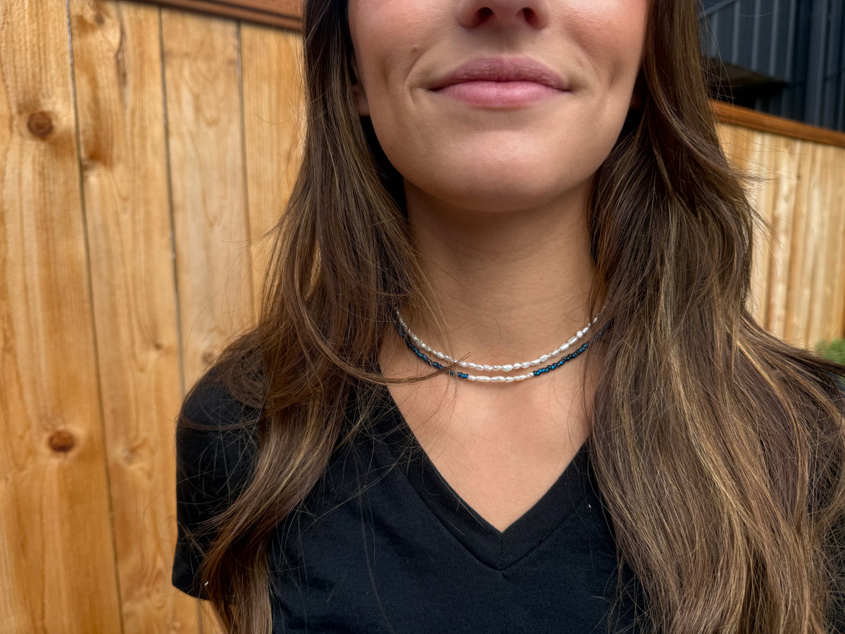 Blue glass bead and freshwater pearl choker
