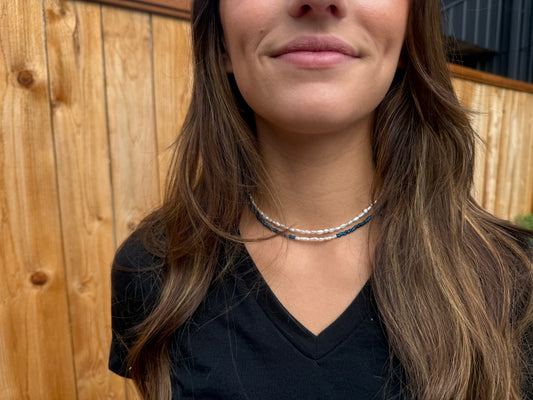 Blue glass bead and freshwater pearl choker